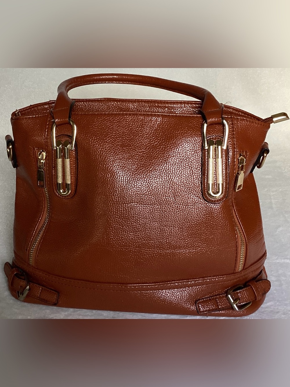 Brown Vegan Leather Tote Handbag with Gold Hardware